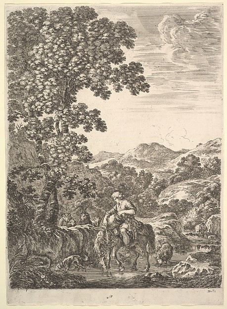 Stefano della Bella, A shepherd on horseback in the middle of a stream, dogs, goats and cows follow, a large tree to left and mountains to right in the background, from "Four large landscapes" (Quatre grands paysages en hauteur)