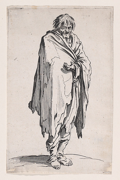 Jacques Callot, Le Mendiant a la Tête Découverte et aux Pieds Nuds (The Beggar with the Uncovered Head and Bare Feet), from "Les Gueux suite appelée aussi Les Mendiants, Les Baroni, ou Les Barons" (The Beggars, also called the Barons)