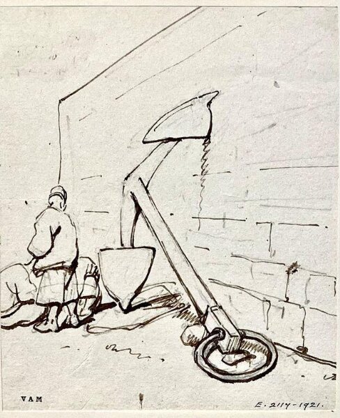 George Chinnery, An anchor by a wall with Chinese figures beyond