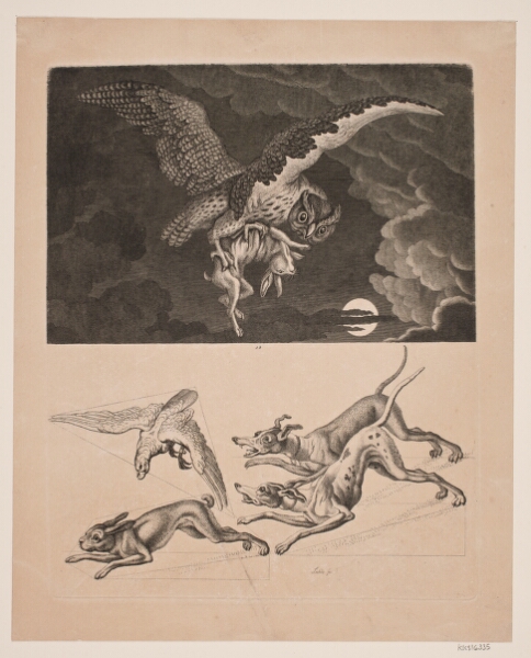 Gerhard Ludvig Lahde, Tavle med Ugle flyvende med hare, derunder; hunde, hare og jagtfalk