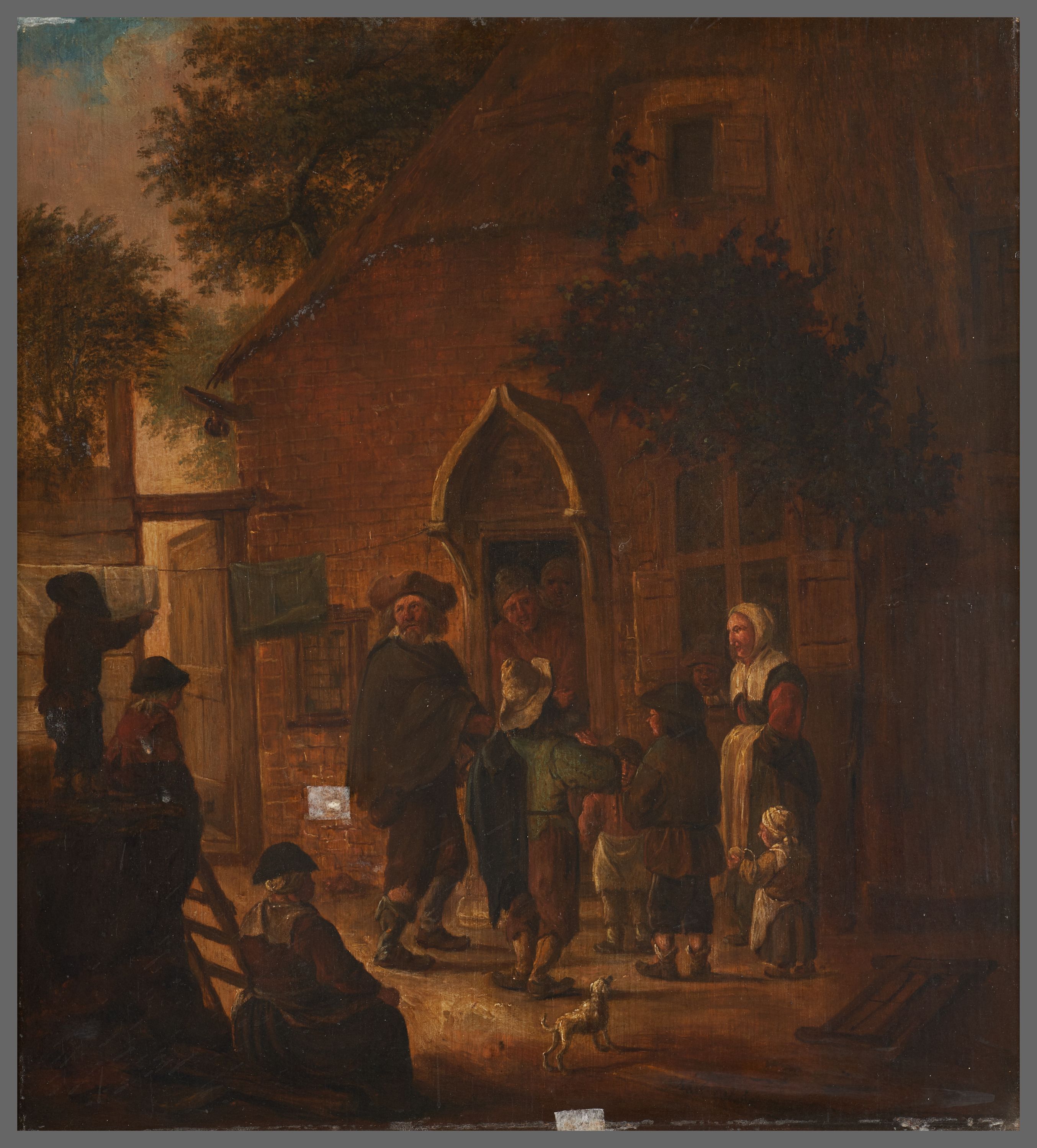 Anonyme, Les mendiants à la porte de l'auberge, dans le genre d'Adriaen van Ostade