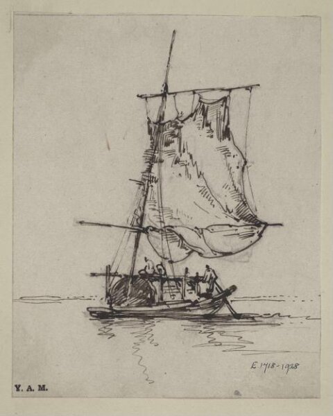 George Chinnery, A drawing by George Chinnery of a Tanka boat with a large sail or net raised