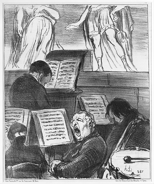 Honoré Daumier, The Orchestra During the Performance of a Tragedy (L'orchestre pendant qu'on joue une tragédie), from Croquis Musicaux, published in Le Charivari,  April 5, 1852
