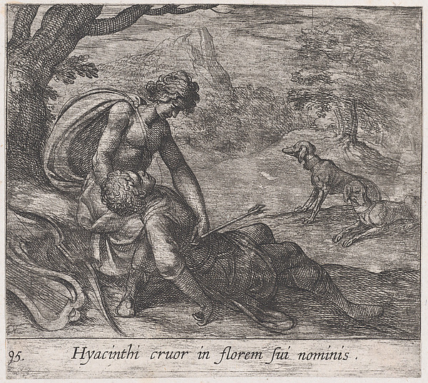 Antonio Tempesta, Plate 95: The Death of Hyacinthus (Hyacinthi cruor in florem sui nominis), from Ovid's 'Metamorphoses'