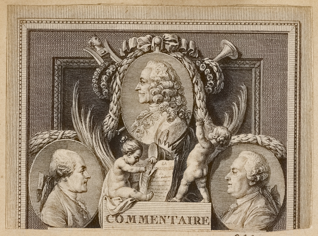 Anonyme, Commentaire : portrait de trois hommes dont celui de Voltaire dans un médaillon