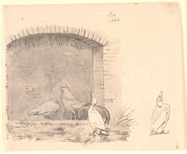 Johan Thomas Lundbye, Hønsene og ænderne. Th. studie af en and som nyder regnen