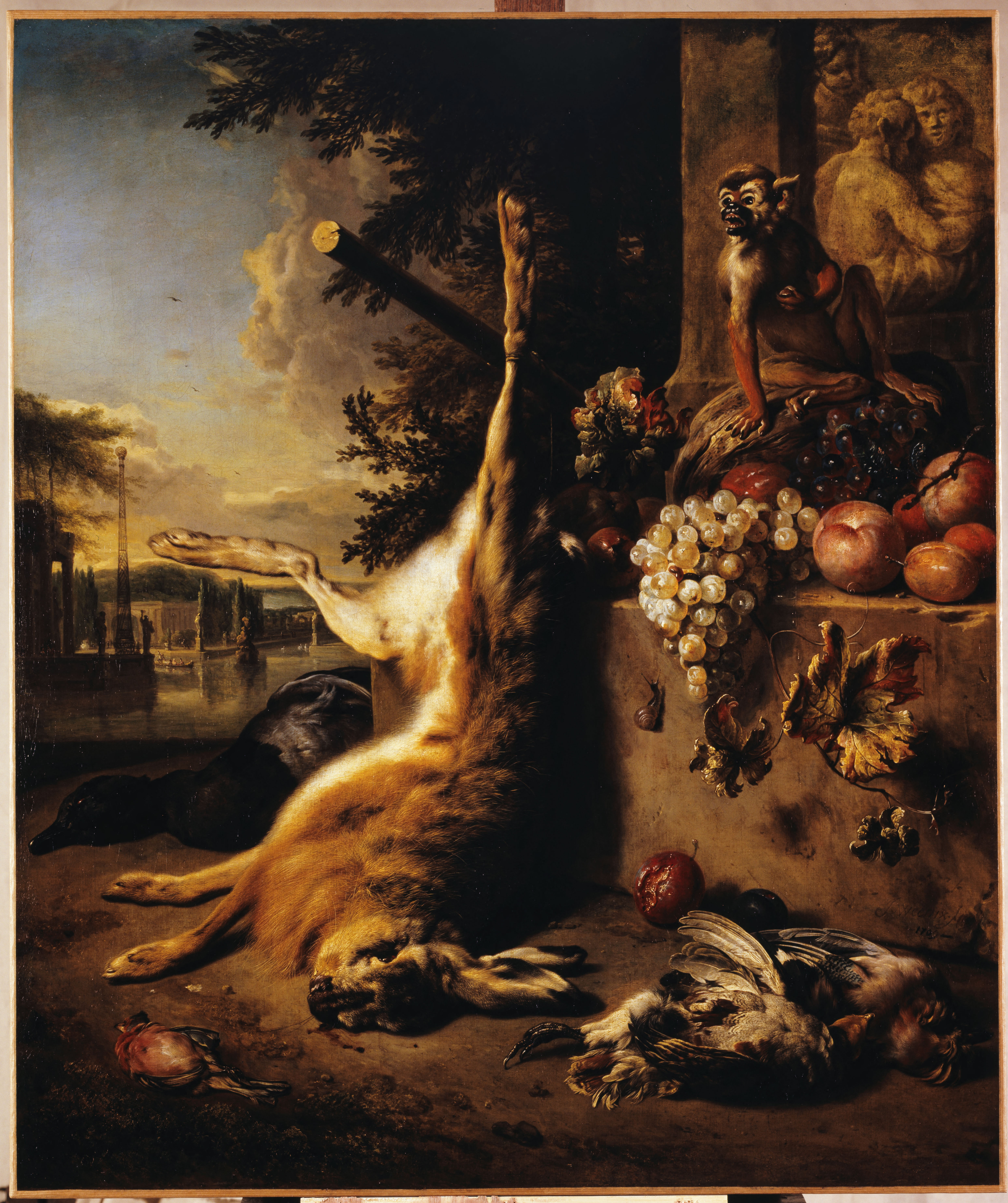 Jan Weenix, Gibier mort, singe et fruits devant un paysage