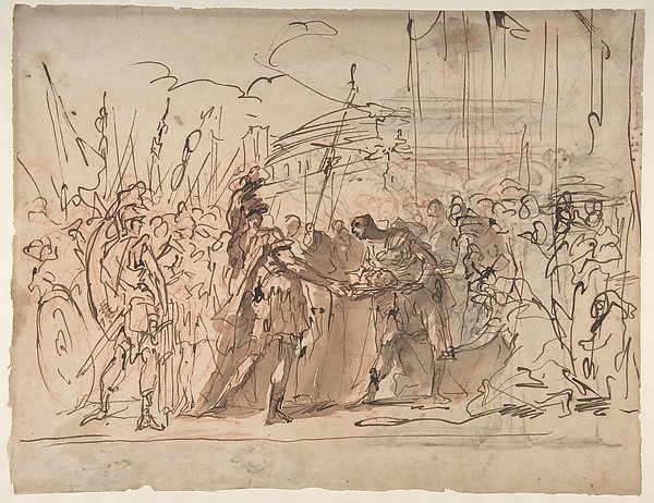 Giovanni Antonio Pellegrini, The Head of Pompey Presented to Julius Caesar (recto); Study for an Elaborate Door Frame (verso)