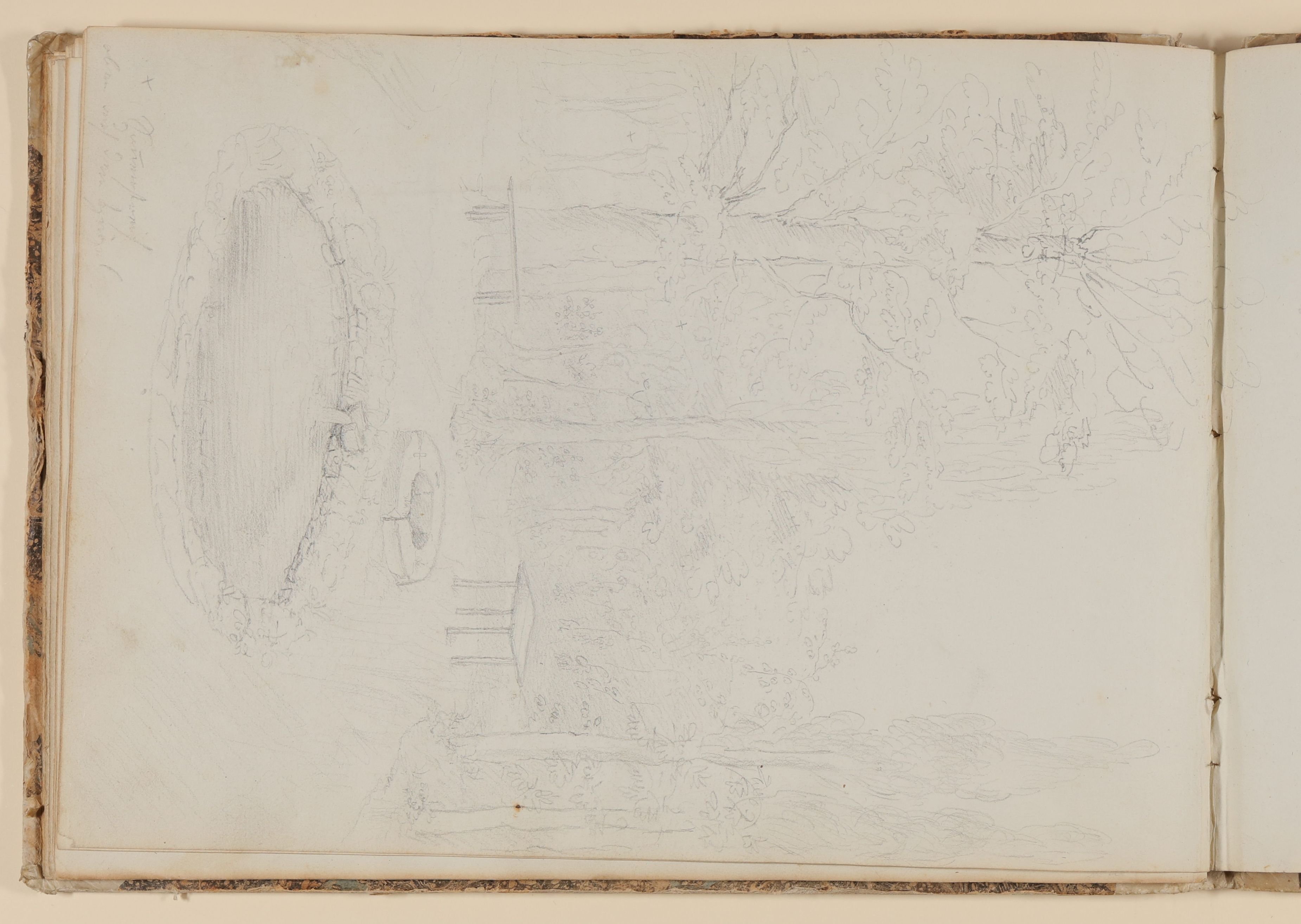 Rosette Städel, Ausschnitt einer Parklandschaft mit kleinem Brunnen, Teich und Gartenmöbeln [aus einem Skizzenbuch der Rosette Städel, Blatt 24v]