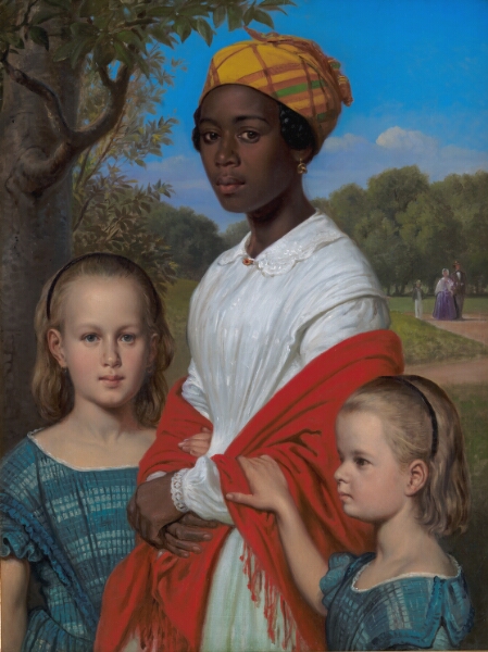 Wilhelm Marstrand, Portræt af Otto Marstrands to døtre og deres vestindiske barnepige, Justina Antoine, i Frederiksberg Have