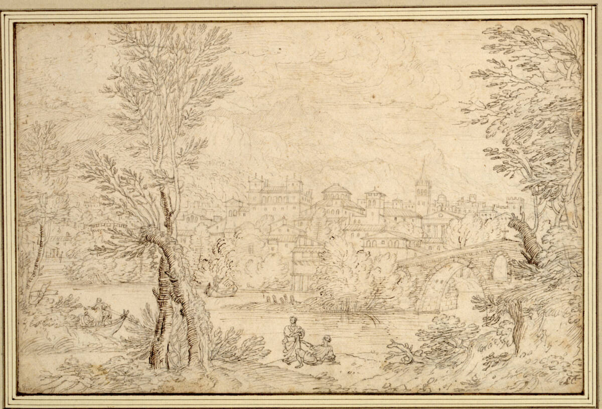 Anonym, Baumlandschaft mit einer Stadt an einem Fluß, über den eine gemauerte Brücke führt; vorne und in einem Kahn Staffagefiguren
