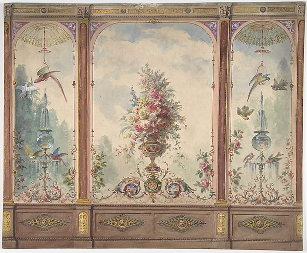 Anonymous, British, 19th century, Design for a Wall with a Flower Vase, Birds, Two Gold Fish and Globe Fountains
