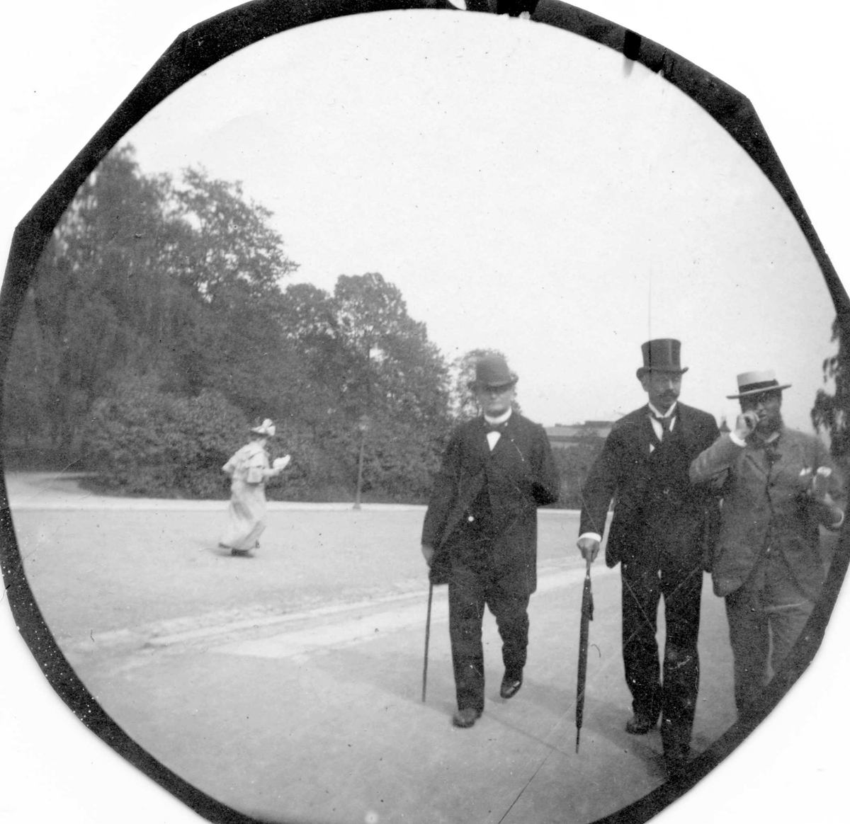 Fredrik Carl Mülertz Størmer, Ottesen, Konow og Lumholtz spaserer i gate ved park, ant. Oslo. Slottsplassen?.