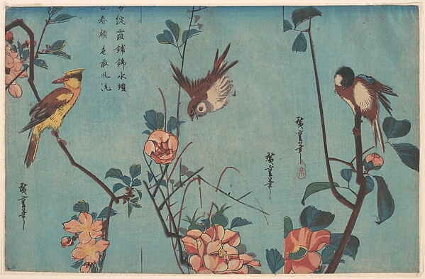 Utagawa Hiroshige, Titmouse and Camellias (right), Sparrow and Wild Roses (center), and Black-naped Oriole and Cherry Blossoms (left)
