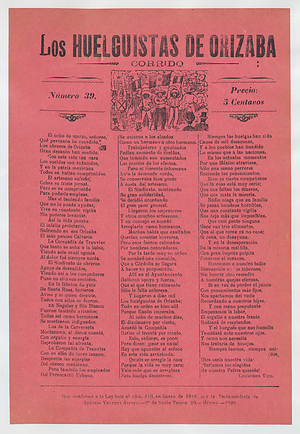 José Guadalupe Posada, Broadsheet relating to a worker's strike in Orizaba, workers holding up the Mexican flag, flanked by soldiers