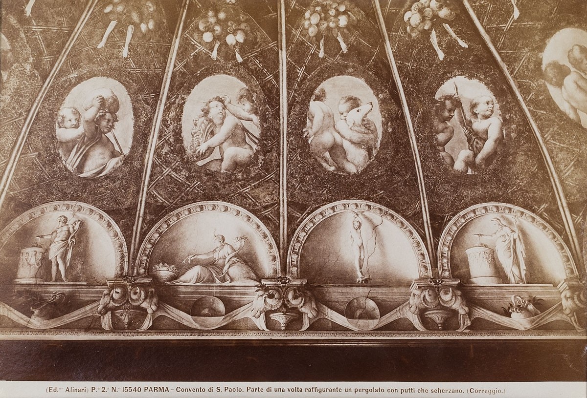 Fratelli Alinari, Antonio Allegri da Correggio: Allegorische Figuren und Putten, Detail des Deckenfreskos der Camera della Badessa, Monastero di San Paolo, Parma