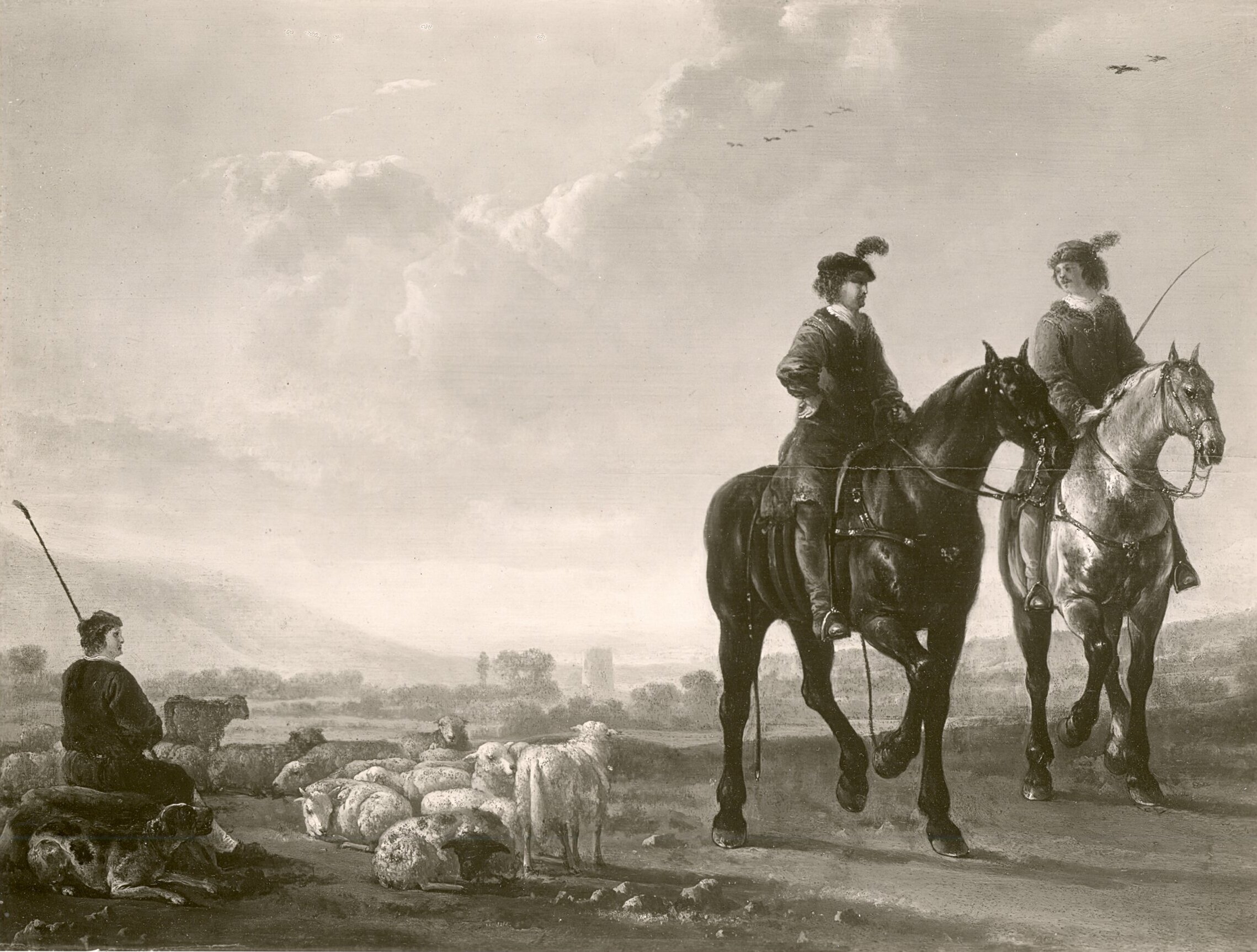 Aelbert Cuyp, landscape with 2 riders + shepherd