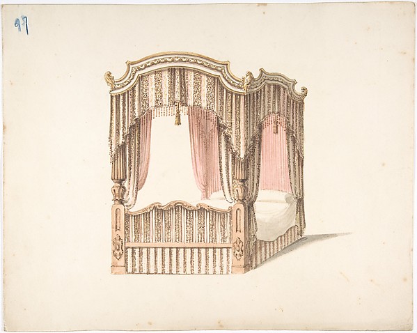 Anonymous, British, 19th century, Design for a Curtained Four Poster Bed with Brown, Pink and White Striped Curtains