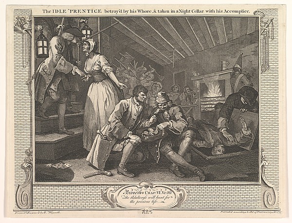 William Hogarth, The Idle 'Prentice Betrayed by his Whore and Taken in a Night Cellar with his Accomplice (Industry and Idleness, plate 9)