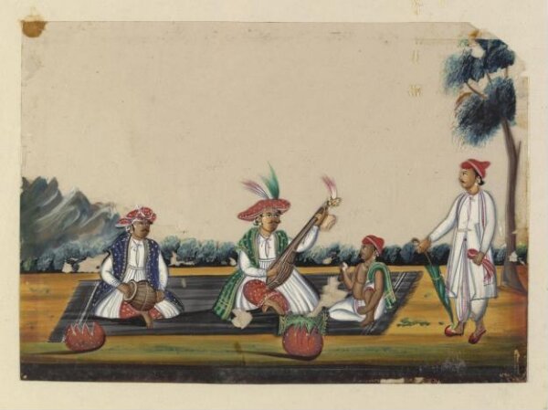 Unknown, Three seated musicians and an onlooker