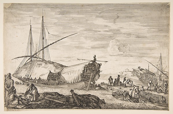 Stefano della Bella, A galley covered in sails to left, six cannons and four people to left in foreground, one man seated at far left smoking a pipe, a man assisting others disembarking from rowboats to right, other rowboats and ships in the background, from 'Views of the port of Livorno' (Vues du port de Livourne)
