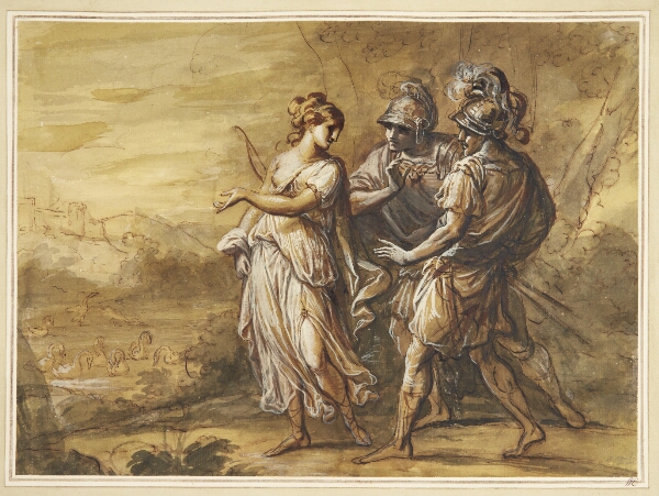 Angelica Kauffmann, Mytologisk scene. Ung kvinde med bue vender sig mod to bevæbnede mænd