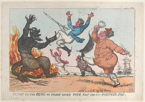 Thomas Rowlandson, Plump to the Devil We Boldly Kick'd Both Nap and His Partner Joe