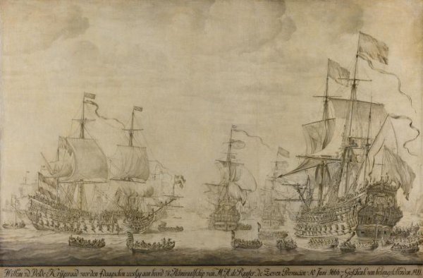 Willem van de Velde (I), "Council of War aboard ""The Seven Provinces"", the Flagship of Michiel Adriaenszoon de Ruyter, 10 June 1666, preceding the Four Days' Battle: episode from the Second Anglo-Dutch War"