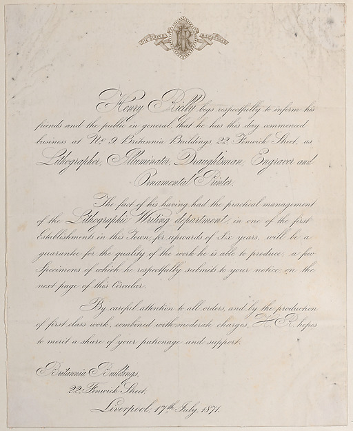 Anonymous, British, 19th century, Trade card for Henry Rielly, lithographer, illuminator, draughtsman, engraver, and ornamental printer