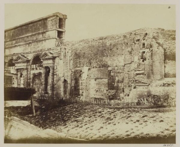 Parker, John Henry, Aqueducts and Gate - Porta Maggiore, from the north, shewing the Conduits of the Claudia and the Anio Novus over it, and those of the Marcia Tepula and Julia passing through the wall to the north of it, on one of the piers of the arcades of the Marcia built into the wall