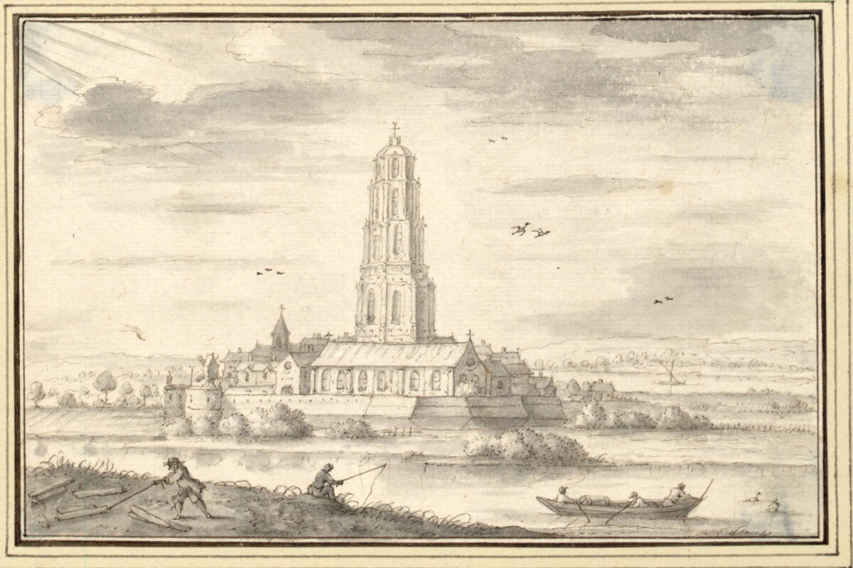 AlbertFlamen, Flußlandschaft mit befestigtem Städtchen, aus dem ein überdimensionaler Kirchturm ragt (IV-36)
