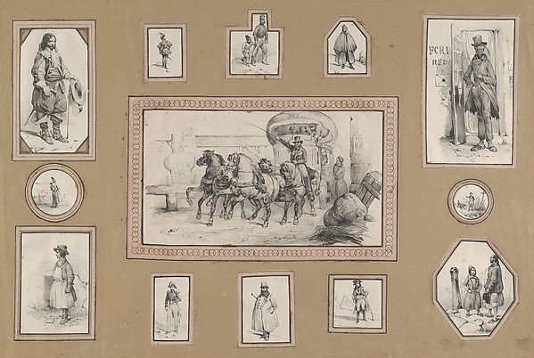 Victor Adam, 13 mounted prints depicting a carriage scene at center surrounded by various men