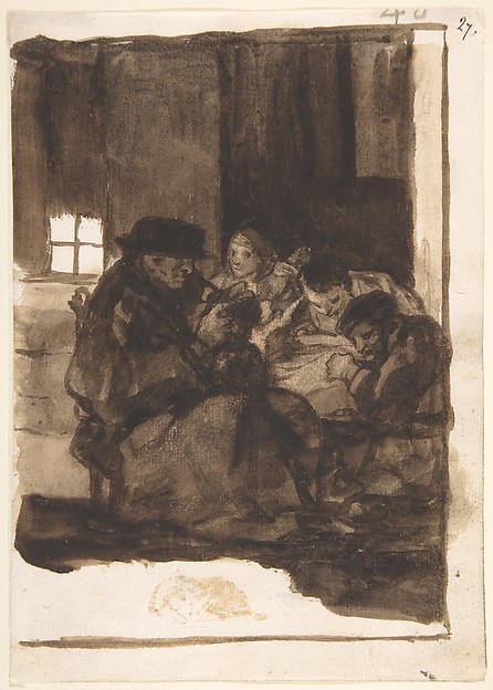 Goya (Francisco de Goya y Lucientes), An old man delousing a boy accompanied by three figures, a cat in the foreground; page 40 from the "Images of Spain" Album (F)