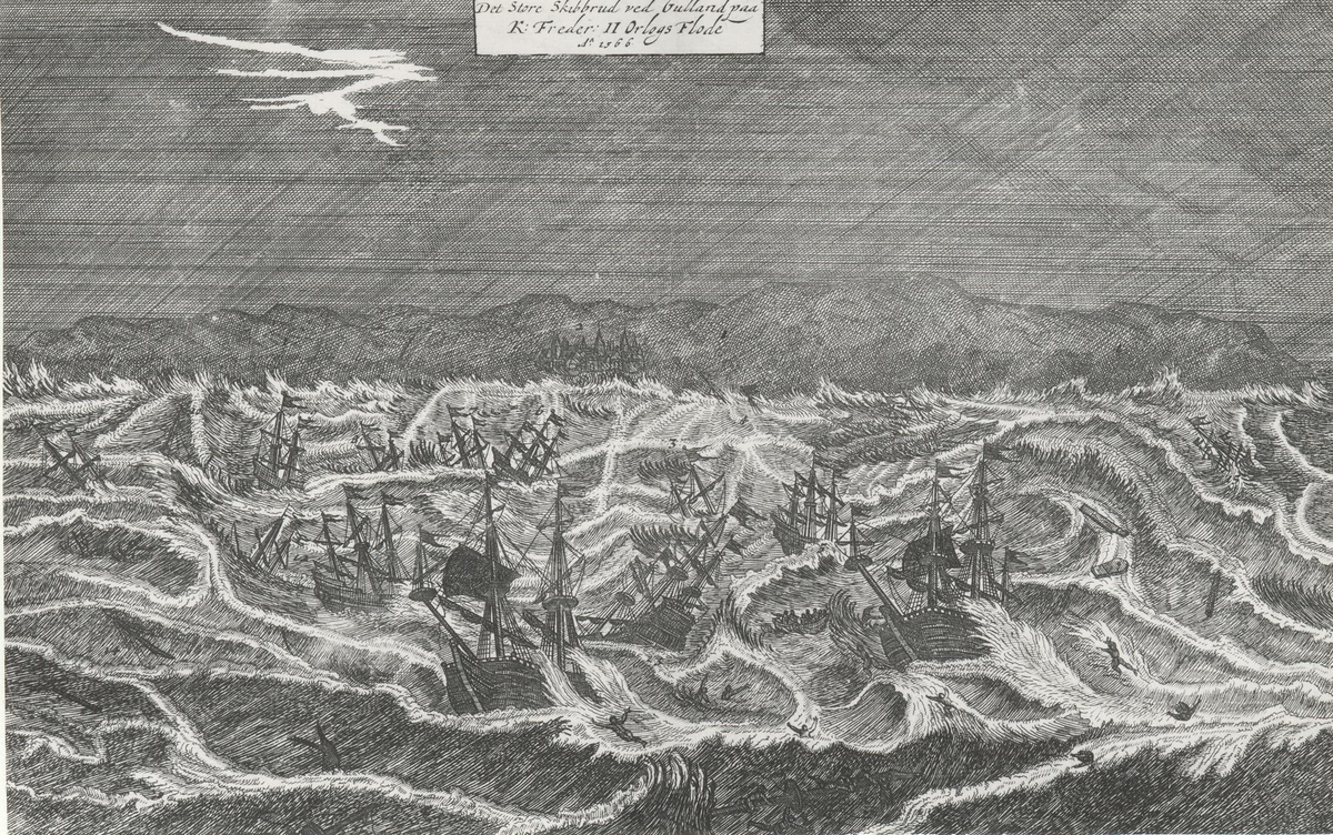 Okänd fotograf,, Teckning över skeppsbrott i oväder. "Det Store Skibbrud ved Gulland paa K: Freder: II Orlogs Flode 1566."