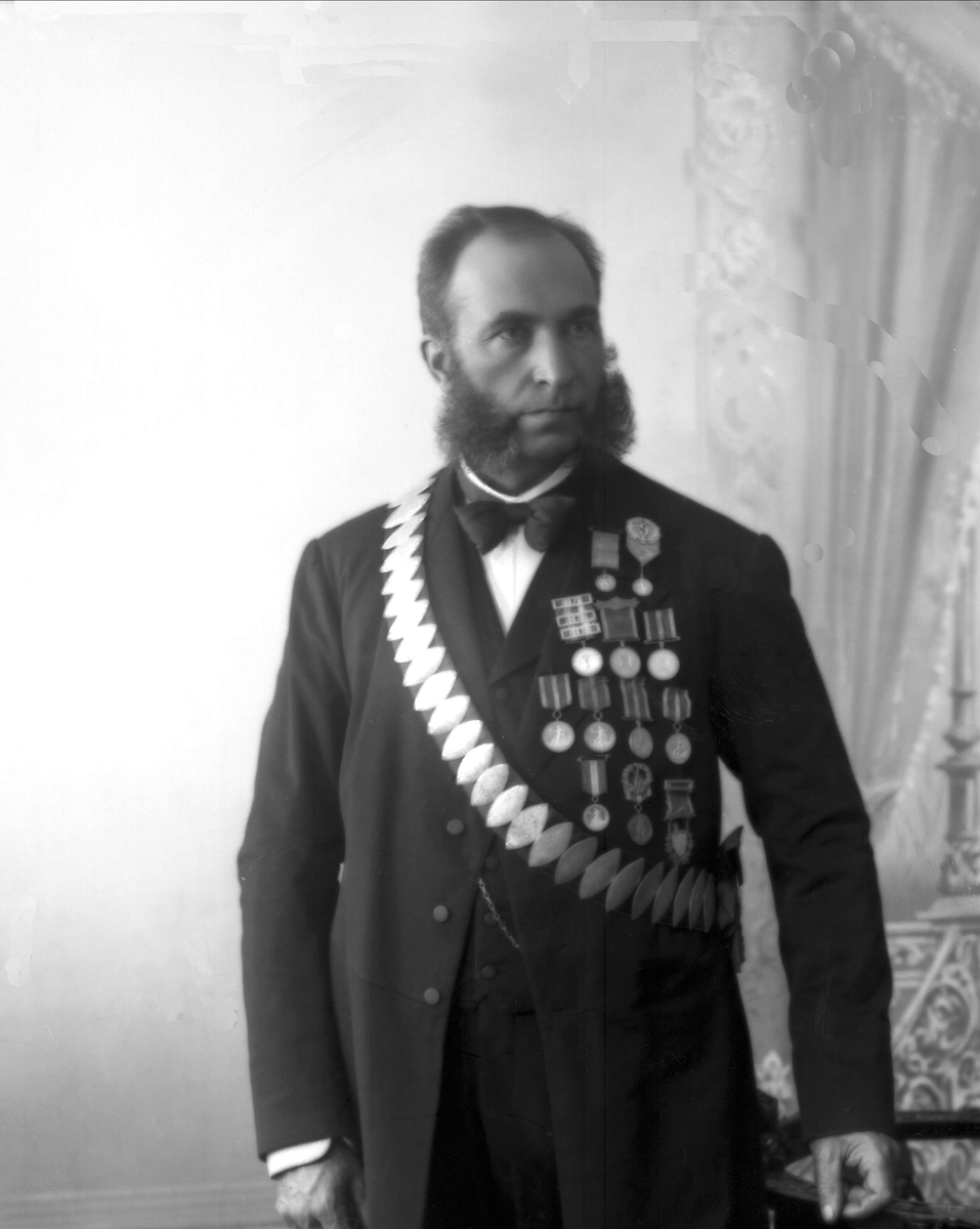Gustav Borgen, Portrett, mann i dress med medaljer og ordensbånd.