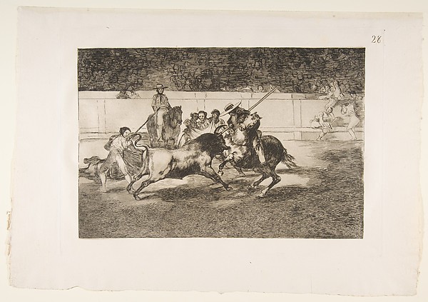 Goya (Francisco de Goya y Lucientes), Plate 28 of "La Tauromaquia": The forceful Rendon stabs a bull with the pique, from which pass he died in the ring at Madrid