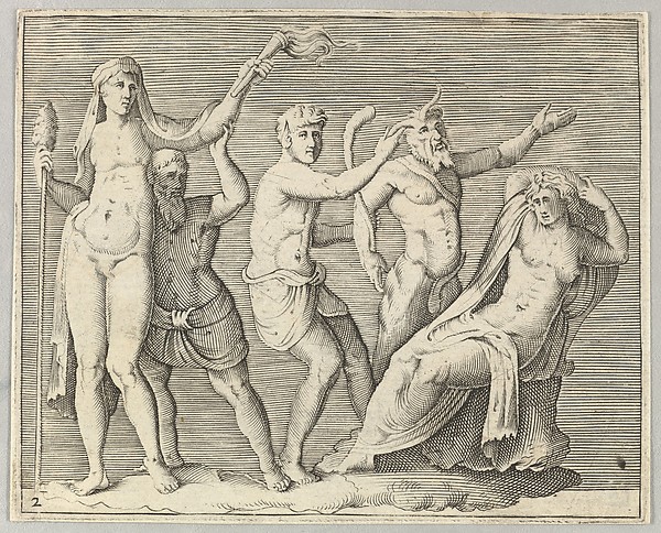 Anonymous, Italian, 16th century, Two Figures, a Faun, and a Satyr approach a Recliniing Woman, from "Ex Antiquis Cameorum et Gemmae Delineata/ Liber Secundus/et ab Enea Vico Parmen Incis"