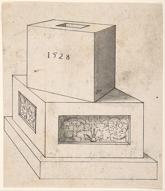 Peter Flötner, Perspectival Drawing of a Column Base with Cube