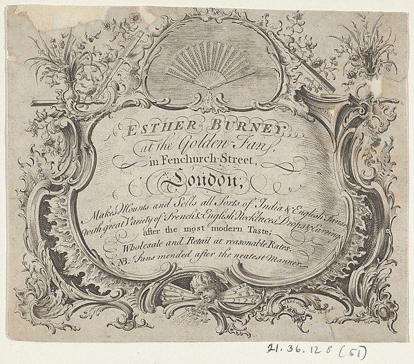 Anonymous, British, late 18th–early 19th century, Trade card of Esther Burney, fan-maker