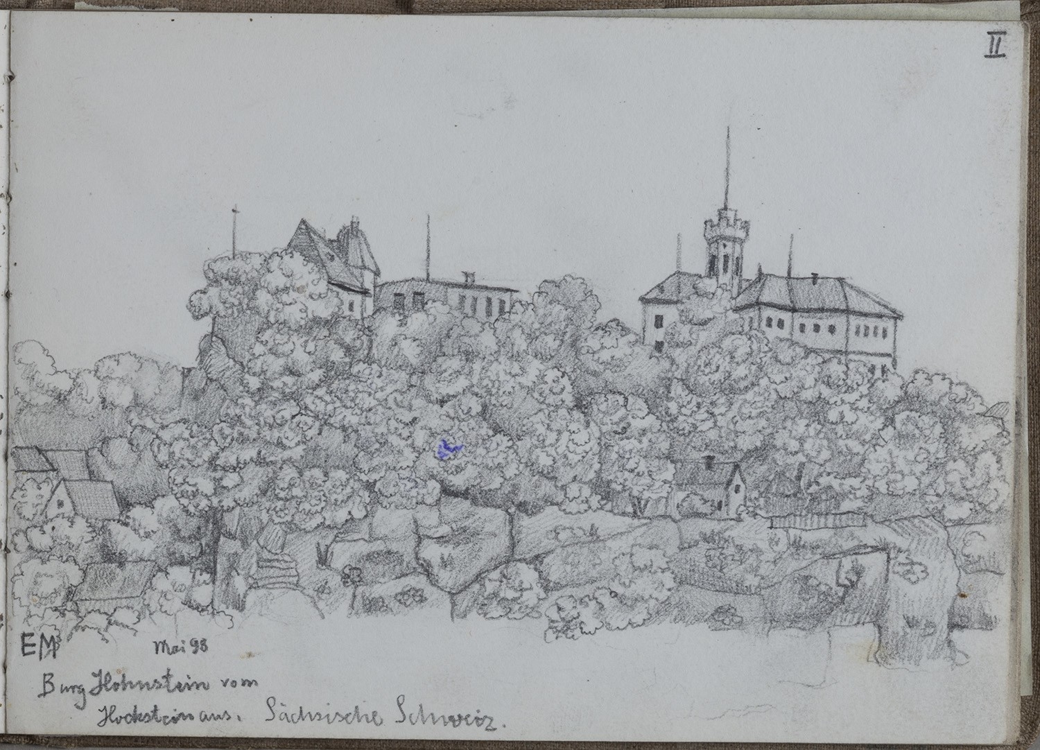 Ernst Morgenstern, Hohnstein (Sächsische Schweiz): Burg Hohnstein vom Hockstein aus (Skizzenbuch Ernst Morgenstern, Bl. II)