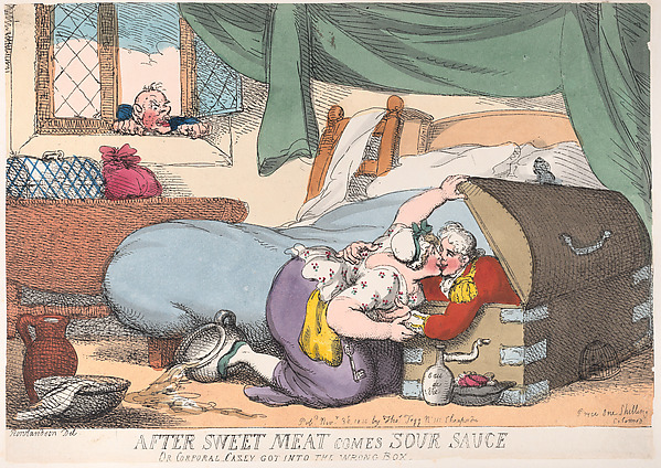 Thomas Rowlandson, After Sweet Meat Comes Sour Sauce, or Corporal Casey Got into the Wrong Box