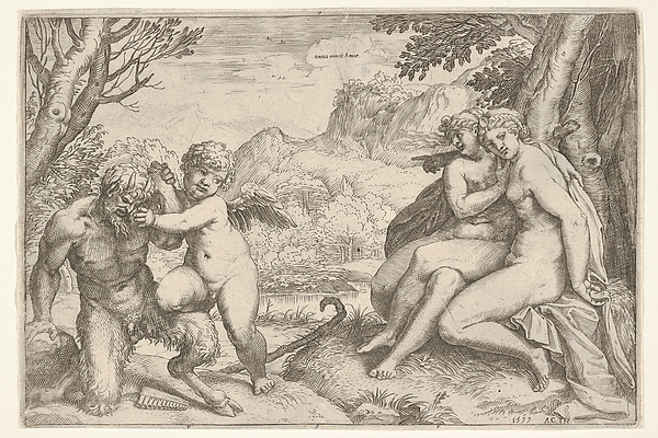 Agostino Carracci, Love Conquers All (Omnia vincit Amor), in a struggle with a satyr Amor places his right knee on its thigh, two nude nymphs are seated with interlocking legs at the base of a tree