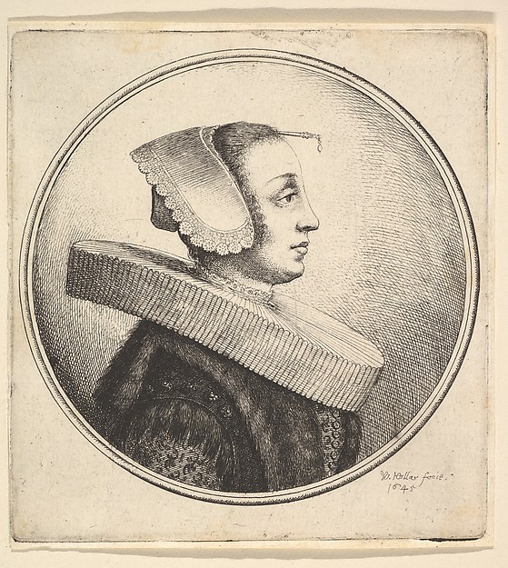 Wenceslaus Hollar, Woman with circular ruff, bonnet and hair-pin, in profile to right