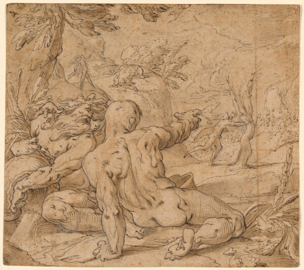 Abraham Bloemaert, River Gods Watching Apollo Pursuing Daphne (recto); Virgin and Child and Two Partial Studies of Hands and Drapery (verso)