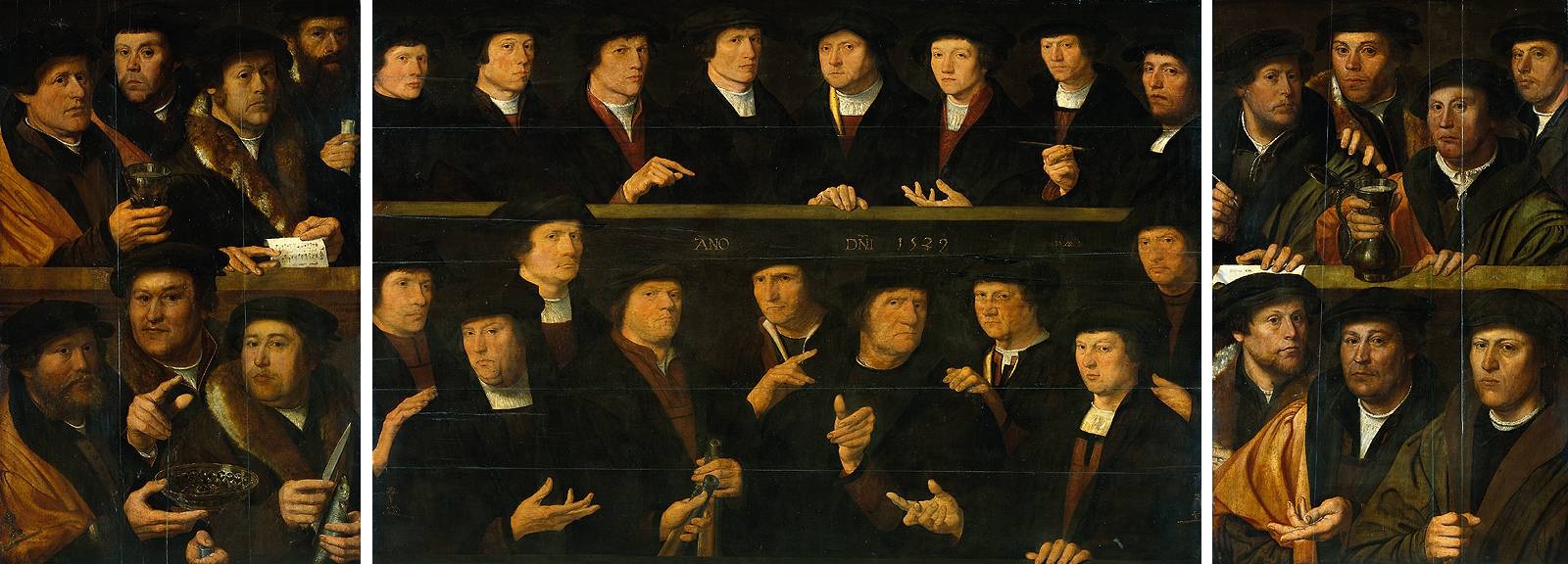 Dirck Jacobsz, Triptych with guardsmen of the Amsterdam Kloveniersdoelen (headquarters of the arquebusiers’ civic guard)