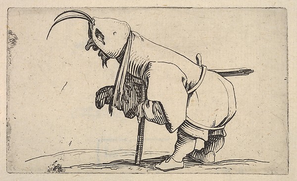 Jacques Callot, Hooded small figure hunched over a crutch, in profile view with left leg positioned forward and sword affixed to right hip, from "Varie Figure Gobbi"