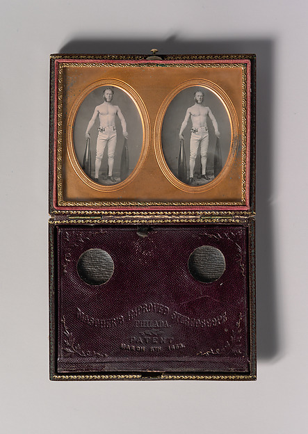 Unknown, [Stereoscopic Case, Partially Nude Strongman Holding Indian Clubs]