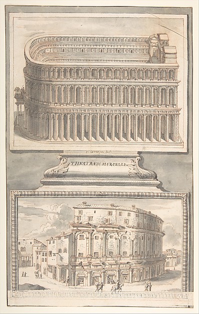 Jan Goeree, Reconstruction of the Theatre of Marcellus (above) and a View of the Ruins (below)