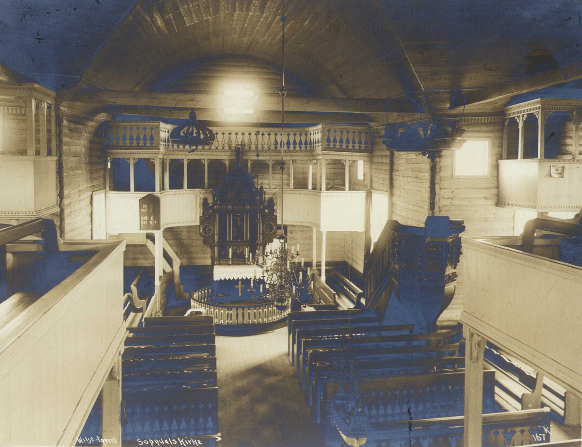Anders Beer Wilse, Interiør mot alteret, Sokndal kirke, Sokndal, Rogaland. Fotografert 1912.