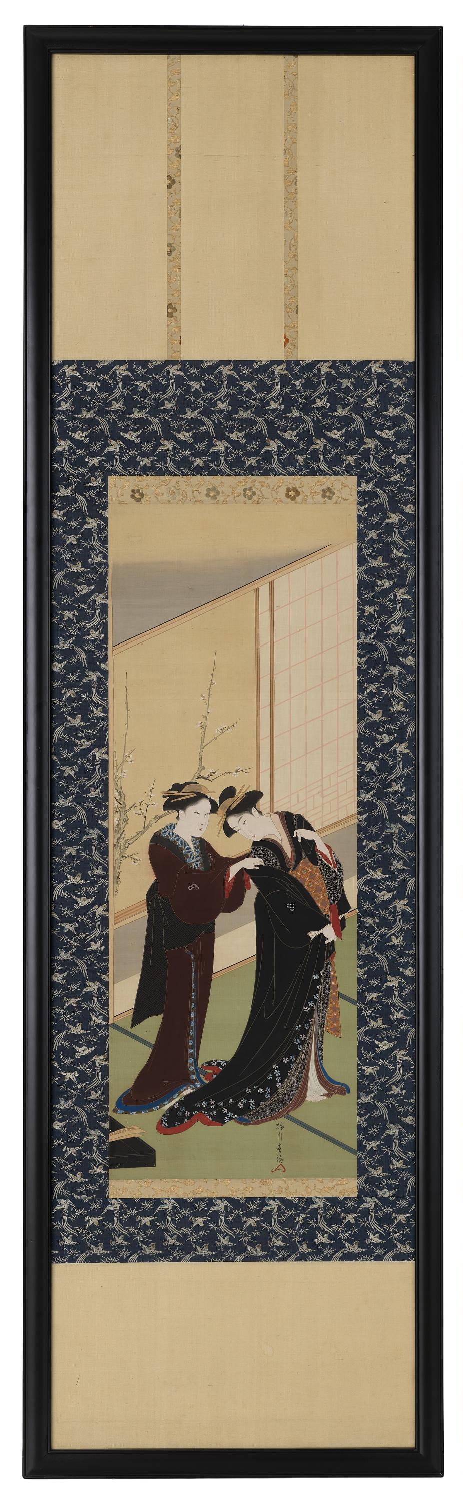 Katsukawa Shuncho, Interior: a woman helping a girl to dress